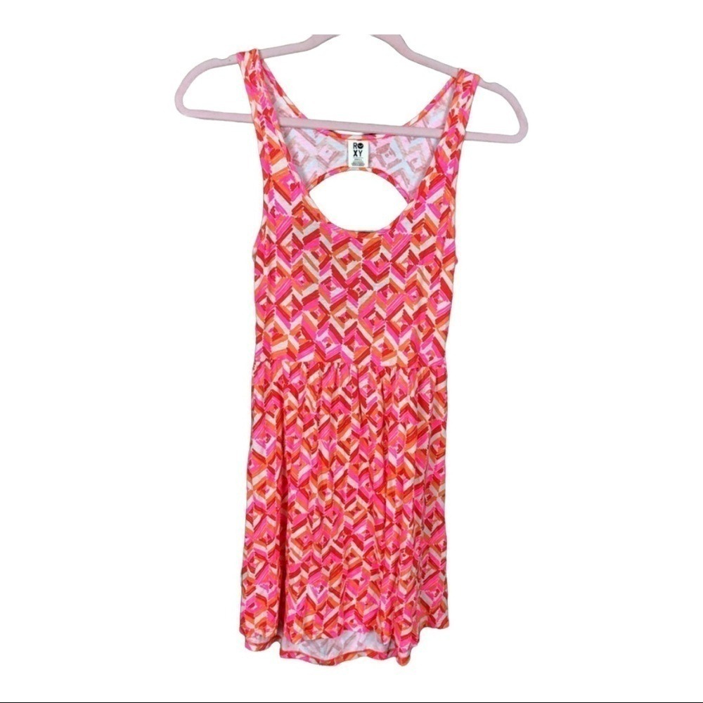 Roxy Pink Orange Geometric‎ Cutout Back Sleeveless Mini Dress Small beach boho
